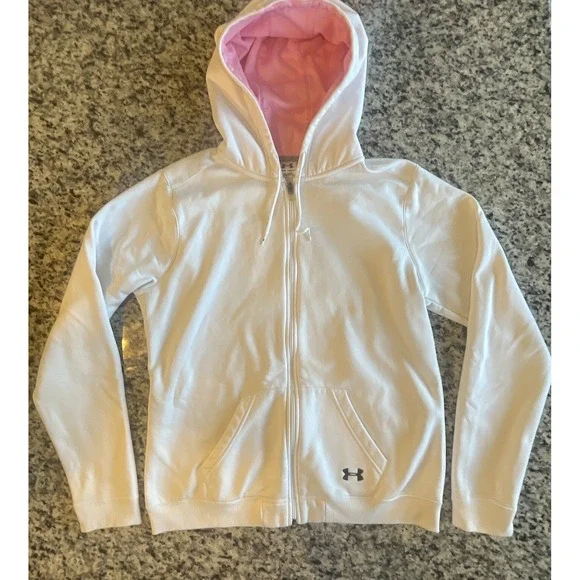 Under Armor Adults White Pink XL Full Zip Hoodie Longsleeves Solid Logo Jacket‎ - Picture 2 of 10